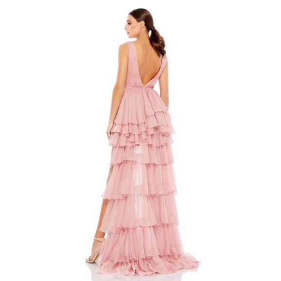 MAC DUGGAL size 4 Rose Pink Tiered Ruffle Chiffon High/Low Gown Dress $398 FLAWS - Picture 2 of 13